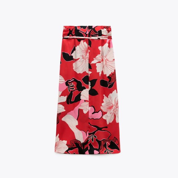 NWT Zara red multicoloured floral print split front high waisted midi skirt - Picture 9 of 12